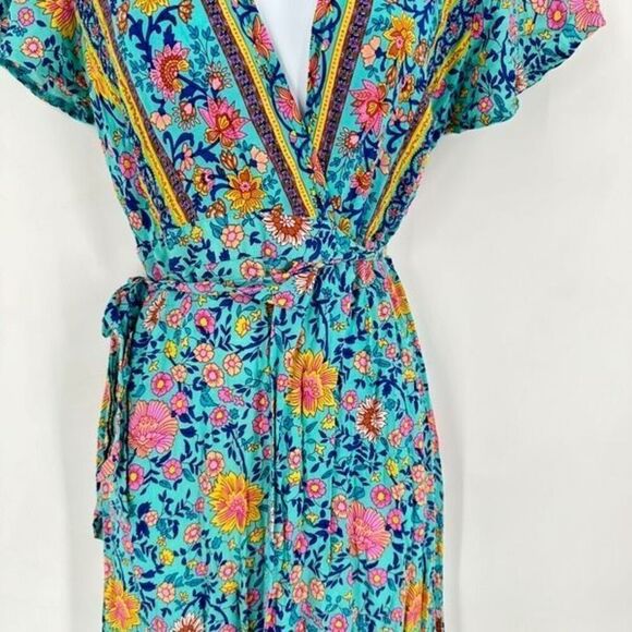 Boutique Short Sleeve Boho Floral Mixed Print Maxi Wrap Dress Boho Blue Small Ru - Picture 7 of 10